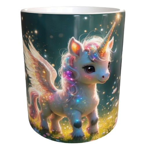 Magische Einhorn-Tasse 330ml – Süßes Baby-Einhorn mit Flügeln & Glitzer bei Nacht – Märchenhafte Tasse für Kinder & Einhornfans – Becherbude®