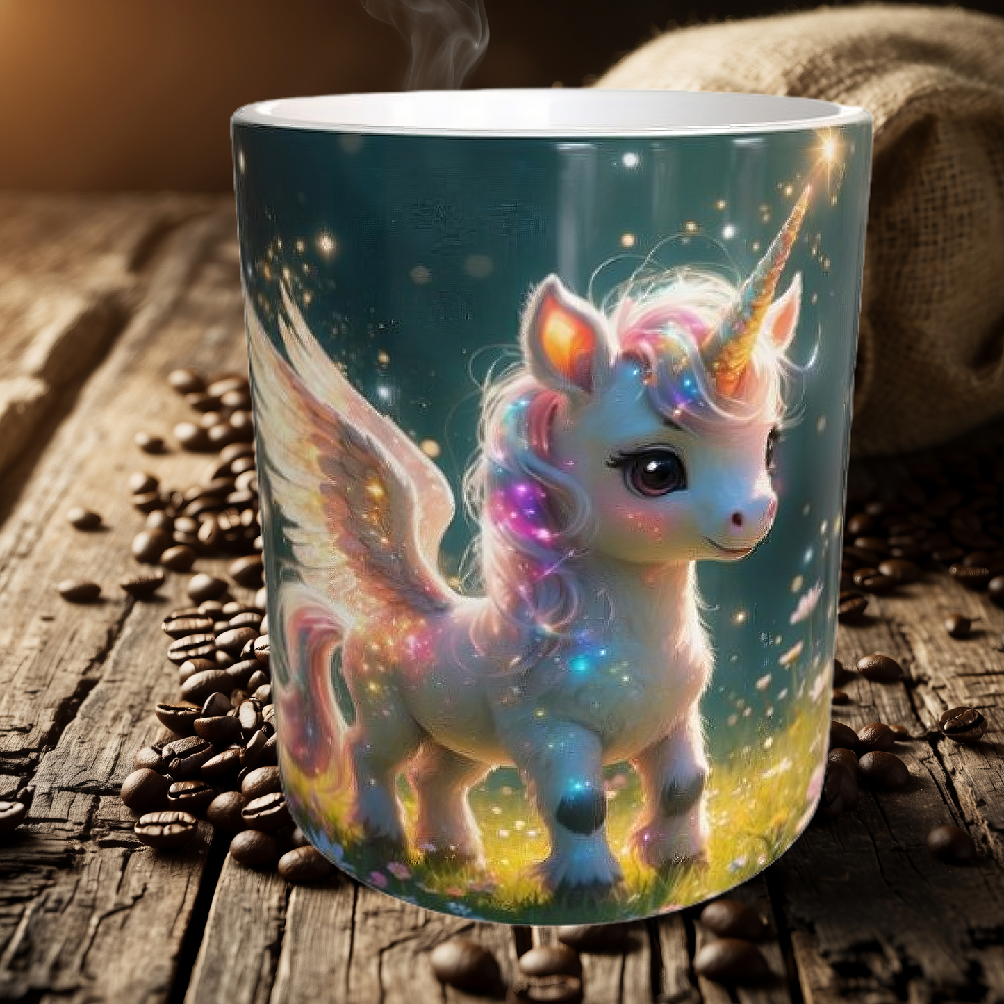 Magische Einhorn-Tasse 330ml – Süßes Baby-Einhorn mit Flügeln & Glitzer bei Nacht – Märchenhafte Tasse für Kinder & Einhornfans – Becherbude®