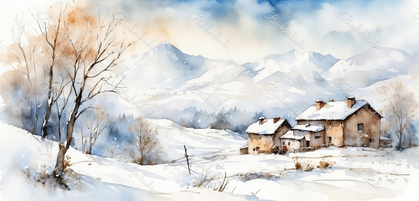 "Winteridylle in den Bergen: Ein friedliches Aquarell voller Zauber."