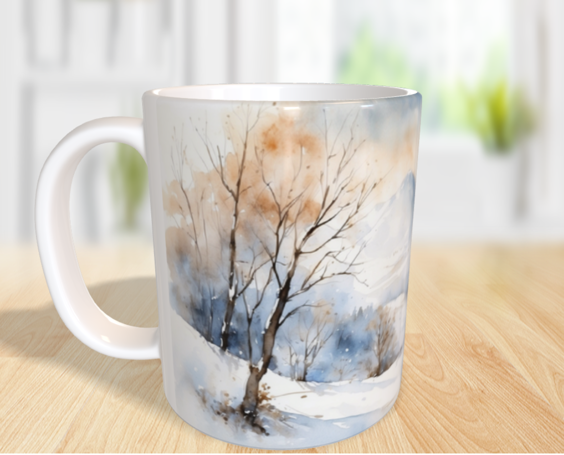 "Winteridylle in den Bergen: Ein friedliches Aquarell voller Zauber."