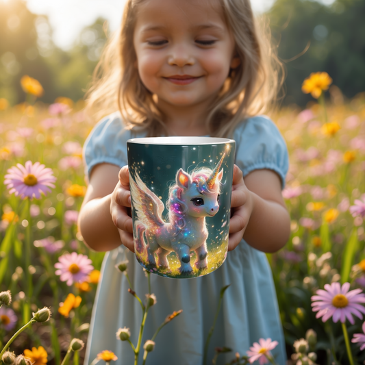 Magische Einhorn-Tasse 330ml – Süßes Baby-Einhorn mit Flügeln & Glitzer bei Nacht – Märchenhafte Tasse für Kinder & Einhornfans – Becherbude®