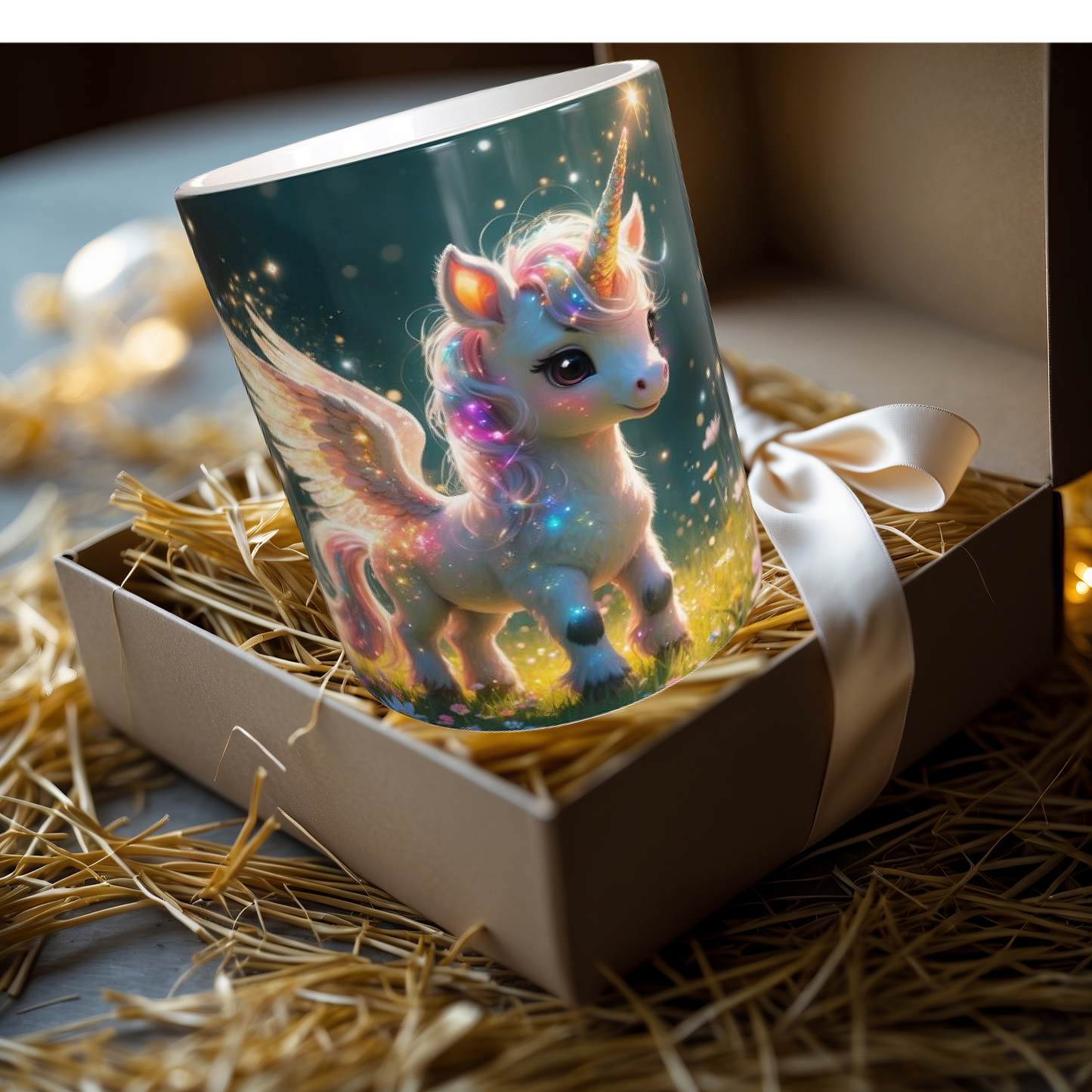 Magische Einhorn-Tasse 330ml – Süßes Baby-Einhorn mit Flügeln & Glitzer bei Nacht – Märchenhafte Tasse für Kinder & Einhornfans – Becherbude®