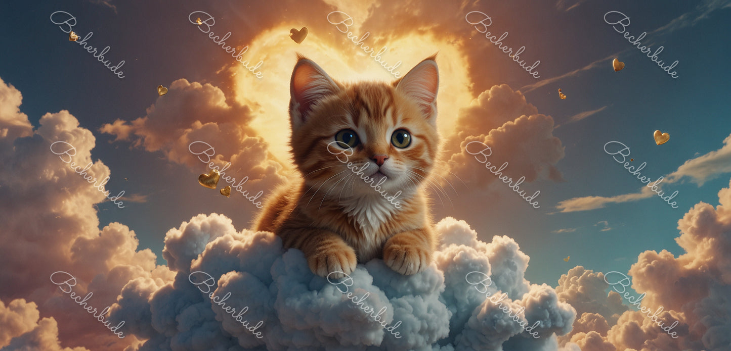 "Herzenswärme im Himmel: Eine Katze auf Wolken der Liebe"