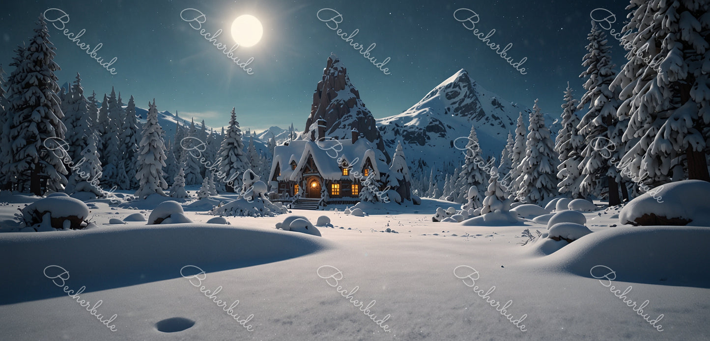 "Ein gemütliches Winterhaus in der stillen Mondnacht"