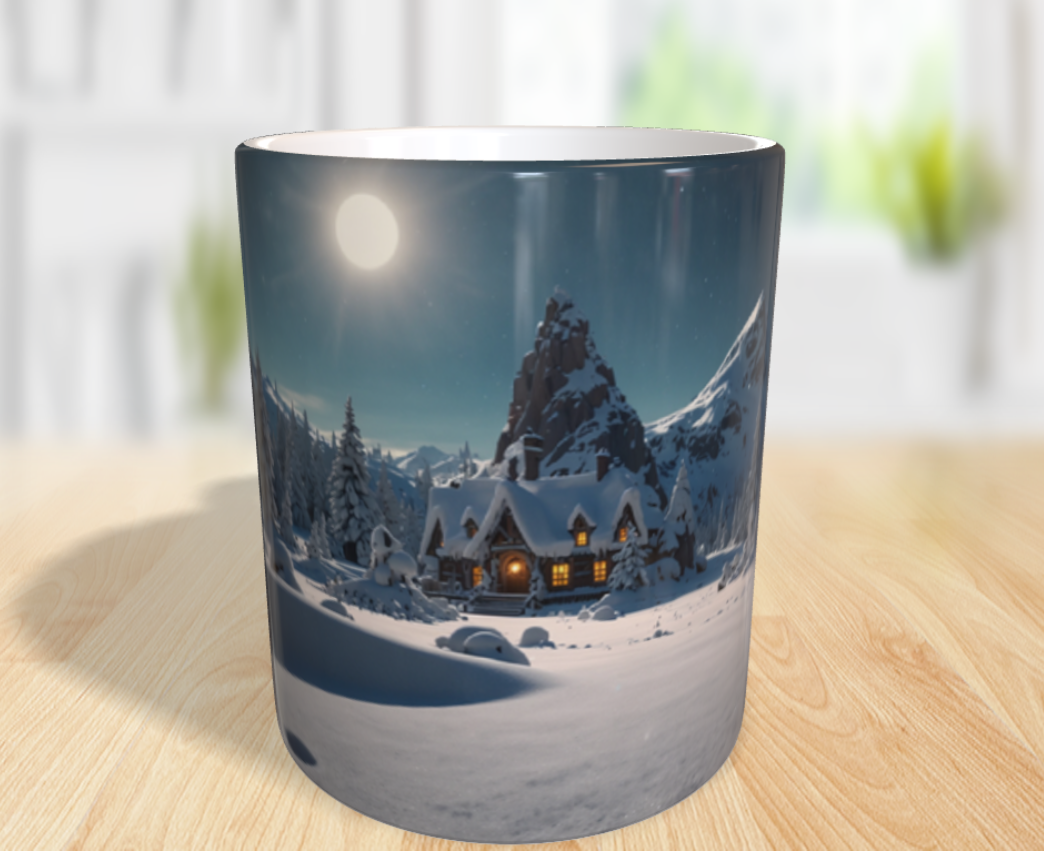"Ein gemütliches Winterhaus in der stillen Mondnacht"