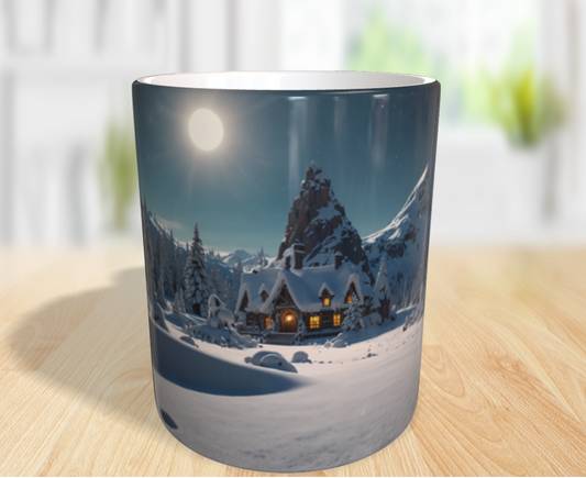 "Ein gemütliches Winterhaus in der stillen Mondnacht"