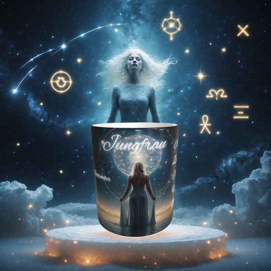 Jungfrau Sternzeichen-Motiv auf Tasse – Frau mit kosmischem Mond & astrologischen Eigenschaften – 330ml Keramiktasse für Jungfrau-Geborene