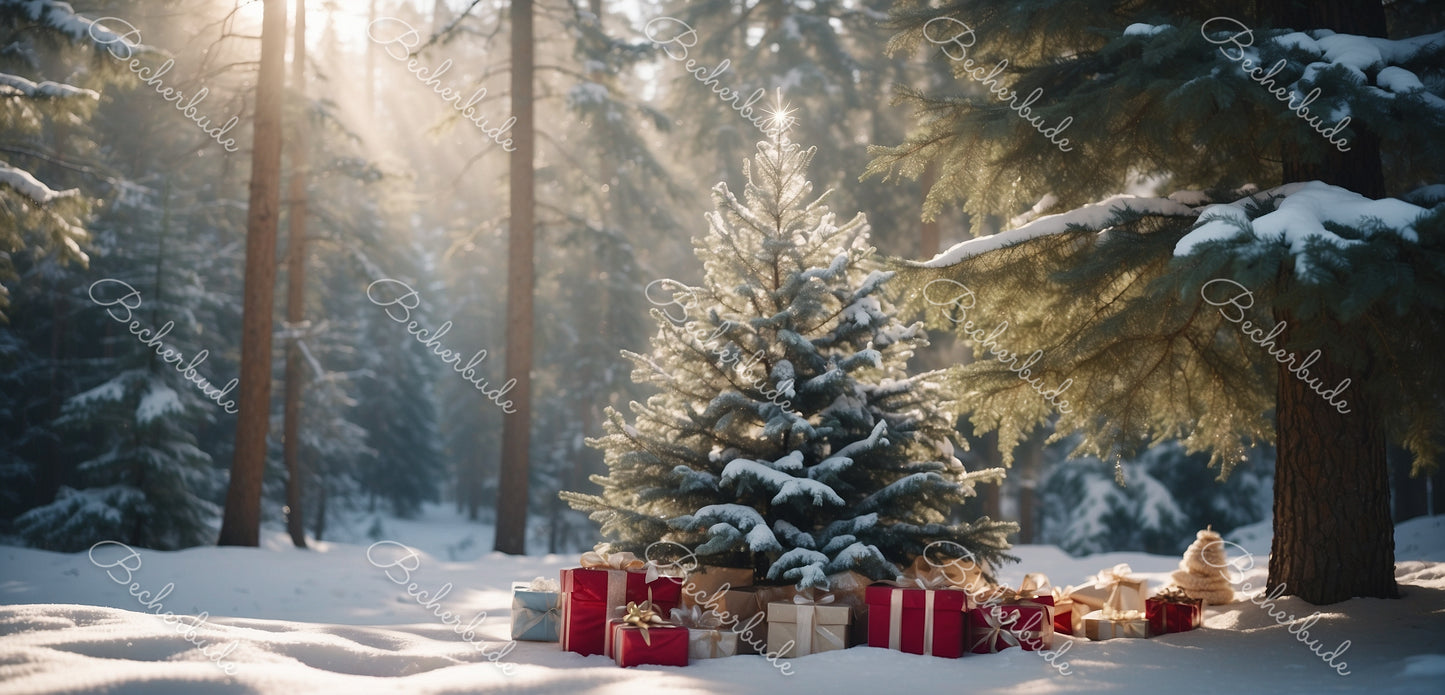 "Ein funkelnder Weihnachtsbaum in winterlicher Morgenruhe"