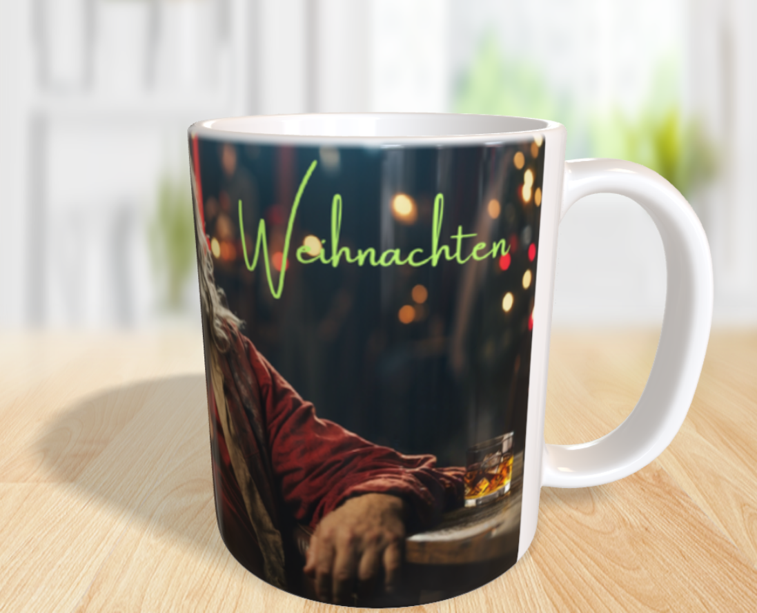 "Der Weihnachtsmann nach der Arbeit: Ein Moment der Ruhe mit einem Glas Whisky"